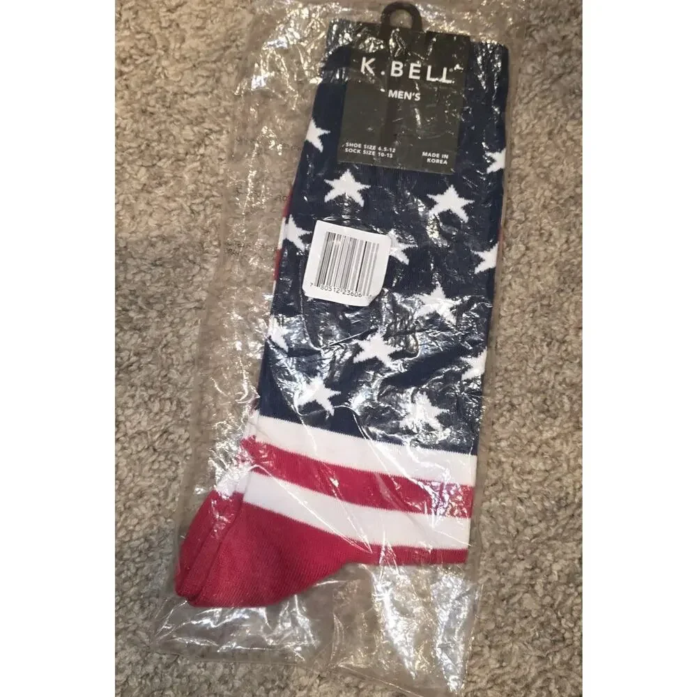 K. Bell Men's American Flag‎ Crew Socks, Red/White/Blue, Size 6.5-12, 1 Pair